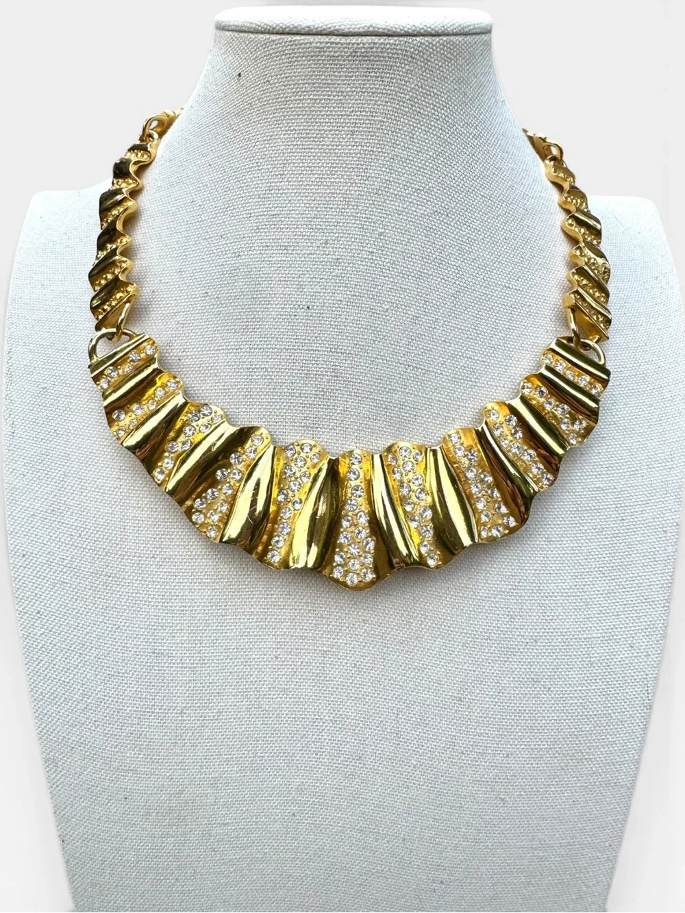 GIVENCHY Vintage Gold-tone Crystal Rhinestone Ripple Texture Statement Necklace
